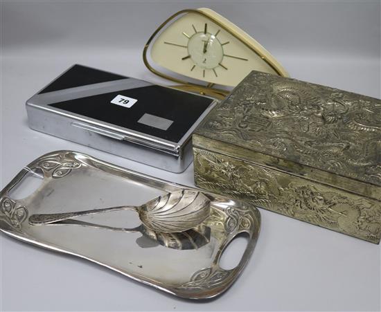 A Tudric tray, a Deco cigarette case, a clock and a silver spoon